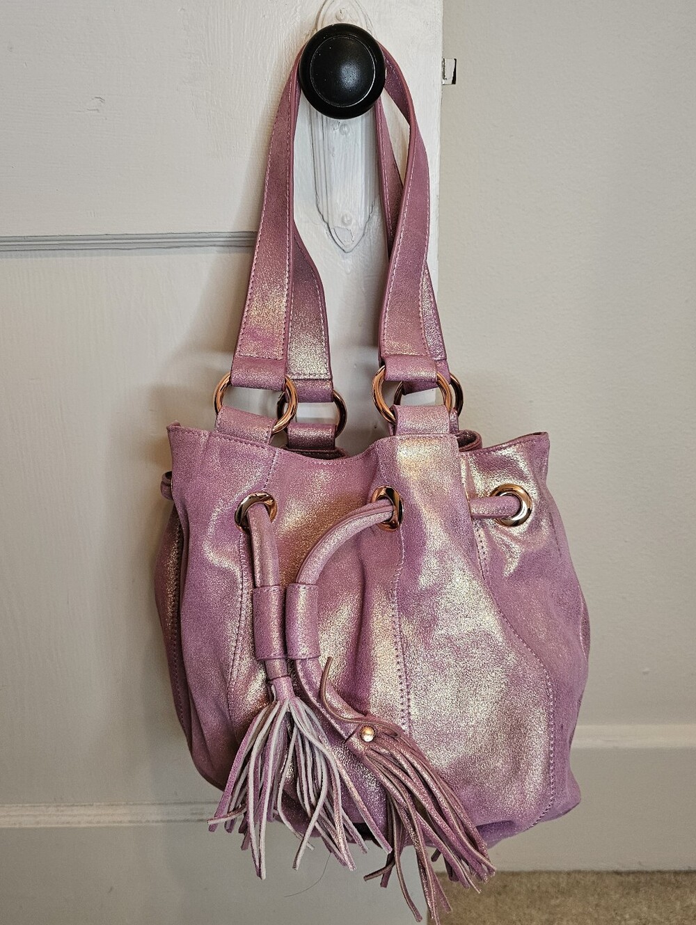 Chi by Carlos Falchi Pink metallic leather bucket bag
